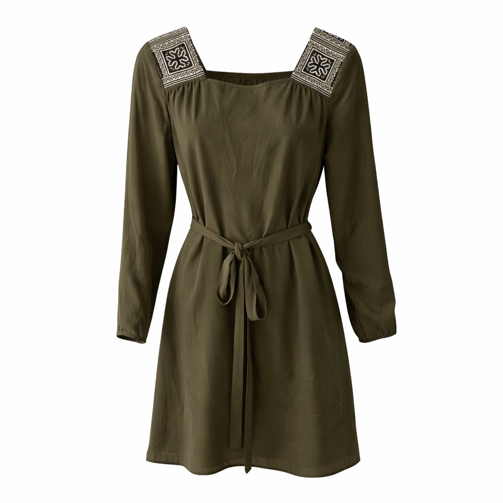 Altar’d State Olive Green Embroidered Boho Dress | Tie Waist | Size Small | NWT